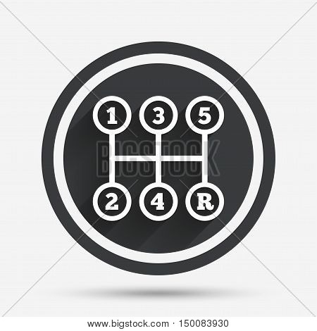 Manual transmission sign icon. Automobile mechanic control symbol. Circle flat button with shadow and border. Vector