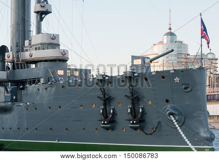 Saint Petersburg Russia September 08 2016: Forecastle gun of the cruiser Aurora in Saint-Petersburg Russia