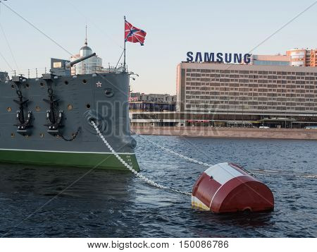 Saint Petersburg Russia September 08 2016: Forecastle gun of the cruiser Aurora in Saint-Petersburg Russia