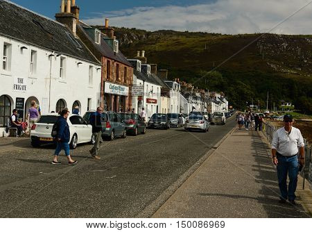 ULLAPOOL, SCOTLAND--AUGUST 18, 2016--A view of the village Ullapool facing the harbor.  Ullapool is a major Scottish tourist attraction.