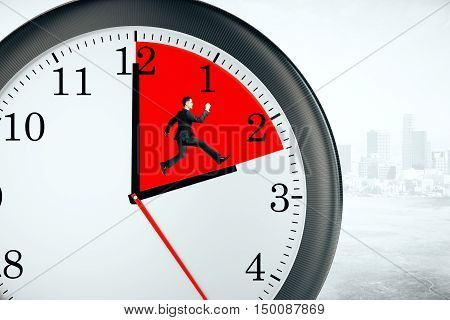 Tiny businessman running inside clock with red quarter on city background. Deadline concept. 3D Rendering