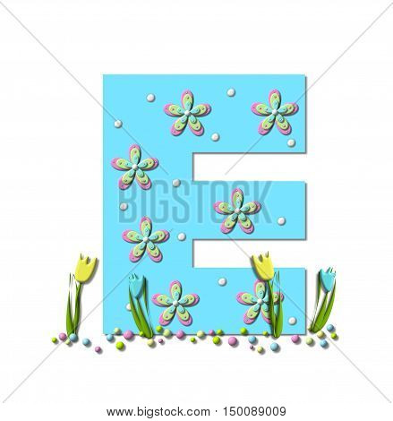 Alphabet letter E in the set Spring Explodes is covered by polka dots and 3d flowers. Colored pastel sprinkles are at base of letter and tulips bloom in two colors.