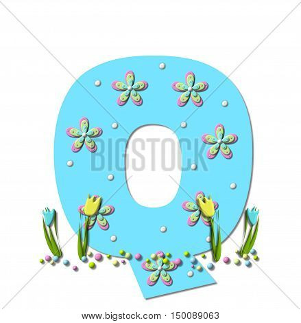 Alphabet letter Q in the set Spring Explodes is covered by polka dots and 3d flowers. Colored pastel sprinkles are at base of letter and tulips bloom in two colors.