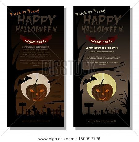 Happy Halloween. Full moon over cemetery. Vector poster template.