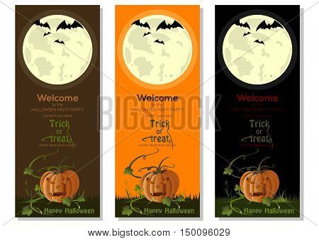 Multicolored Halloween banners set with jack-o'-lantern and full moon. Vector illustration