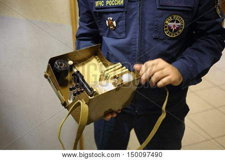 MOSCOW - DEC 17, 2014: Showing of chemical equipment for Emercom in North Eastern Administrative District (Russian Emergency Situations Ministry)