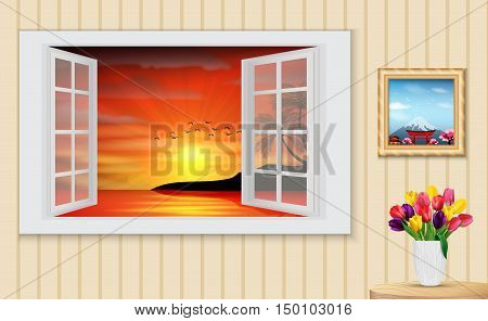 Vector illustration of Opened wooden window and view on palm tree sunset in the beach