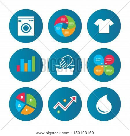 Business pie chart. Growth curve. Presentation buttons. Wash machine icon. Hand wash. T-shirt clothes symbol. Laundry washhouse and water drop signs. Not machine washable. Data analysis. Vector
