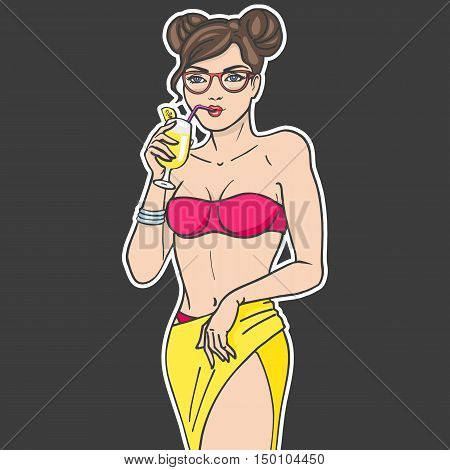 Vector illustration sticker beautiful girl drinking a cocktail from a straw. Teenager with glasses and fruit juice on a dark background. Drawing by hand. Sticky label