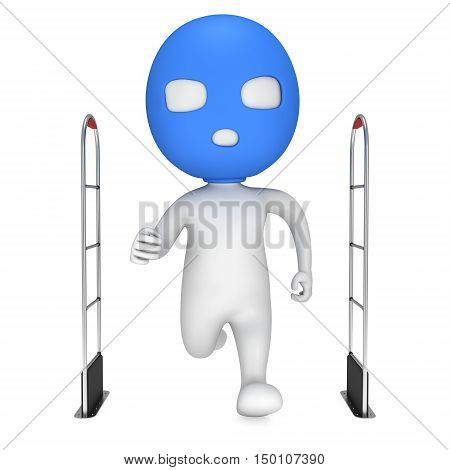 3D shoplifter scanner and running thief man in mask isolated on white background. Scanner entrance gate for prevent theft in shop or store. Security concept.