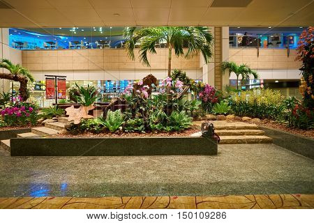 SINGAPORE - CIRCA AUGUST, 2016: inside of Singapore Changi Airport. Singapore Changi Airport is the primary civilian airport for Singapore, and one of the largest transportation hubs in Southeast Asia