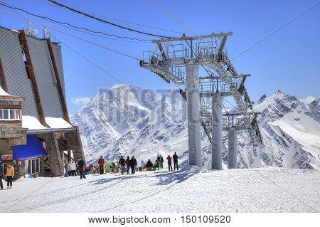CAUCASUS RUSSIA - May 01.2015 : Supports gondola of aerial lift on a mountain Elbrus. First level