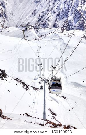 CAUCASUS RUSSIA - May 01.2015 : Supports gondola of aerial lift on a mountain Elbrus. First level