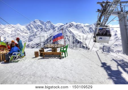 CAUCASUS RUSSIA - May 01.2015: Little cafe next to Aerial lift on a mountain Elbrus. First level