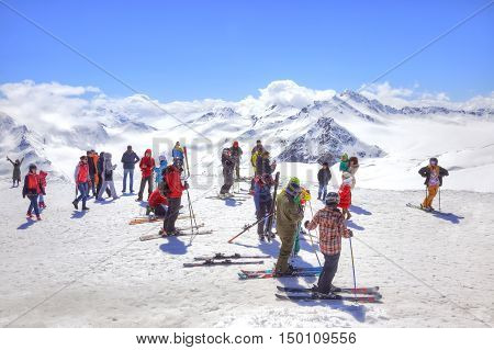 CAUCASUS RUSSIA - May 01.2015: Skiers and sportsmen on the of mountain Elbrus