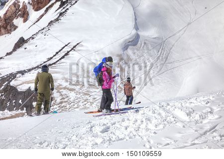 CAUCASUS RUSSIA - May 01.2015: Skiers and sportsmen on the of mountain Elbrus