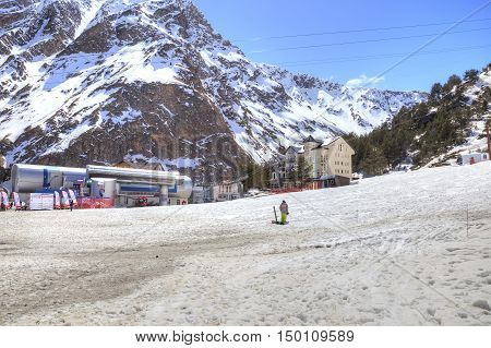 CAUCASUS RUSSIA - May 01.2015: Small village on the glade Azau. Resting place of tourists and skiers near the foot of mountain Elbrus