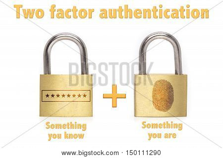 Two factor authentication concept with two padlocks isolated on white and the phrase something you know and have and a password plus fingerprint icon