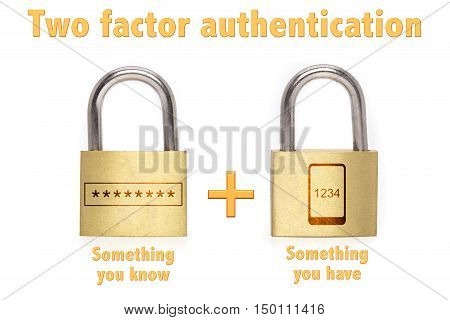 Two factor authentication concept with two padlocks isolated on white and the phrase something you know and have and a mobile plus password icon