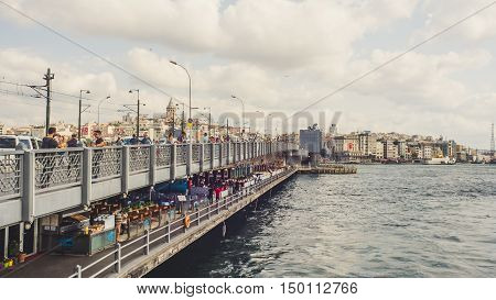 ISTANBUL TURKEY- SEPTEMBER 10-13 2016: People life at Galata bridge.