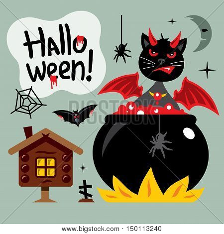 Kitten mixes a potion in a pot. Isolated on a color Background