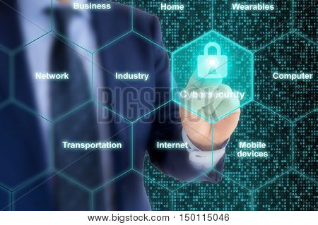 Security expert presses glowing padlock in a hexagon IOT grid cybersecurity concept illustration
