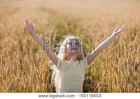 little blonde girl in wheat field rising up her hands