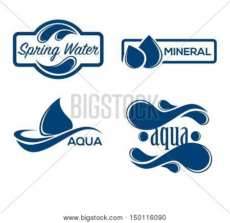 Blue logos set. Label for mineral water. Aqua icons collection. Vector Illustration isolated on white background