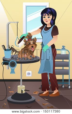 A vector illustration of a Pet Groomer Grooming a Dog at the Salon