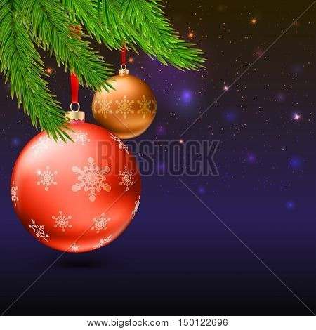 Christmas balls with green fir branches on the background with flash and Christmas lights. Realistic vector bright balls with snowflakes. Greeting card with golden text, editable eps 10