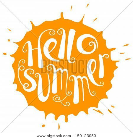 Hello summer lettering composition. Inspirational quote with hand-drawn artistic letters. Line art doodle vector illustration with sun silhouette. Design element for seasonal posters t-shirts and greeting cards