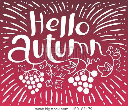 Hello Autumn lettering composition. Inspirational quote with hand-drawn artistic letters. Line art doodle vector illustration with grape vine and leaves. Design element for season posters t-shirts and greeting cards