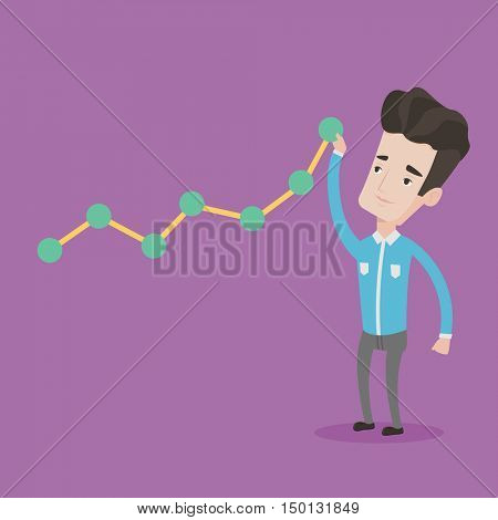 Young businessman looking at chart going up. Businessman lifting a chart. Businessman pulling up a graph. Concept of growth and success in business. Vector flat design illustration. Square layout.