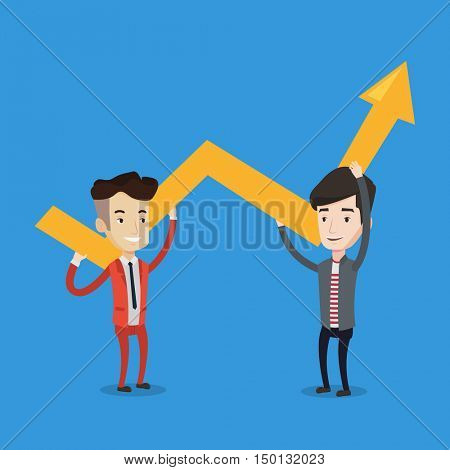 Businessmen holding arrow going up. Business people with growth graph. Business team holding zigzag arrow. Concept of partnership, success in business. Vector flat design illustration. Square layout.