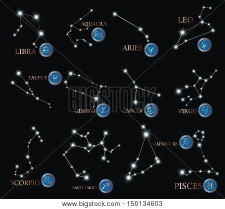 Zodiac Design. Horoscope set: Leo, Virgo, Scorpio, Libra, Aquarius, Sagitarius, Pisces, Capricorn, Taurus, Aries, Gemini, Cancer. Vector illustration