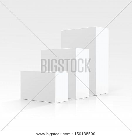 Vector Set of Blank White Carton boxes of different sizes and shapes in Perspective for package design Close up Isolated on White Background