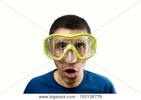 diving man with glasses surprised with white background
