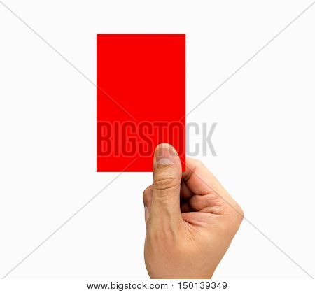 hand of arbiter showing red card on white background