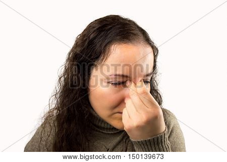 tired and eyestrain woman with white background