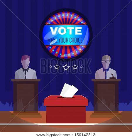 Digital vector usa election with vote box, candidate tribune and make your choise, flat style