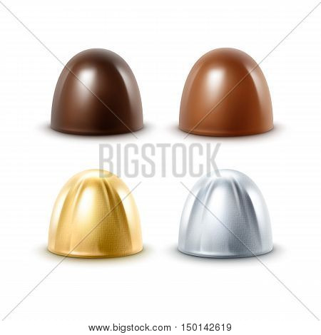 Vector Set of Realistic Dark Black Bitter Milk Chocolate Candies in  Golden Silver Glossy Foil Wrapper Close up Isolated on White Background