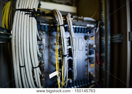 Close-up of rack mounted server in server room