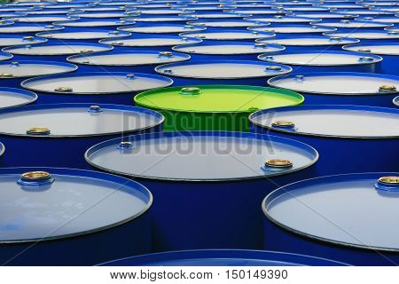 metal barrels of blue color and one green