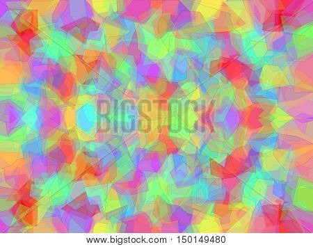 An abstract digital pattern created with random multiple overlapping shapes in shades of mauve orange yellow pink green blue and red.