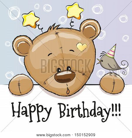 Birthday card with Teddy Bear and bird