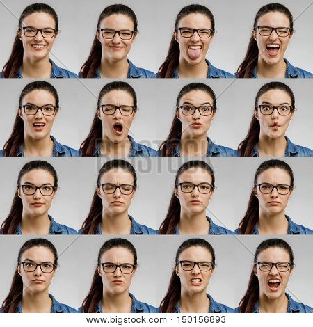 Multiple portraits of the same woman making diferent expressions