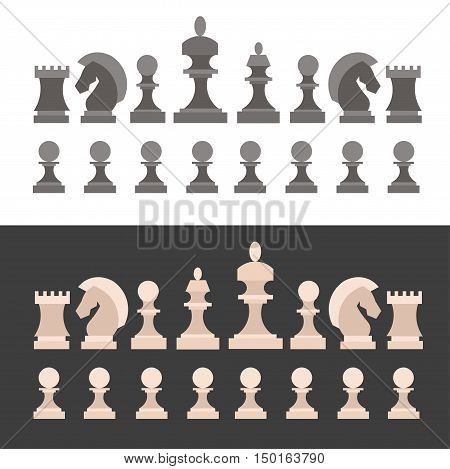 Chess Pieces Set on Black and White Background. Game for Intellectual. Flat Design Style. Vector illustration