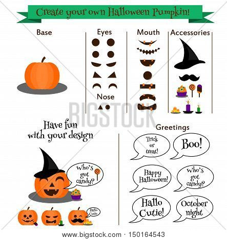 Create your own halloween pumpkin character constructer with accessories phrases. Set for design your own emoticons stickers party invitations. Creative halloween game set for kids and adults