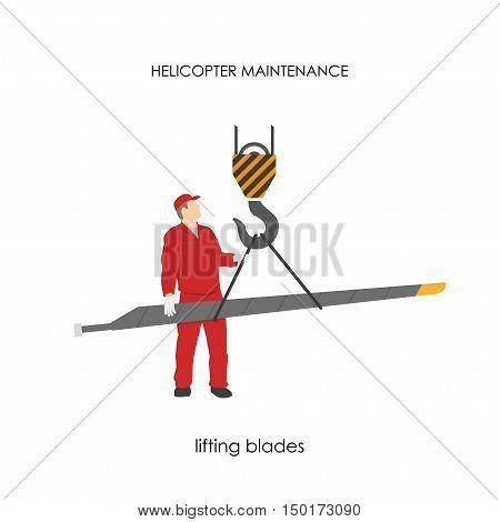 Repair and maintenance of helicopters. Lifting blades. Vector illustration
