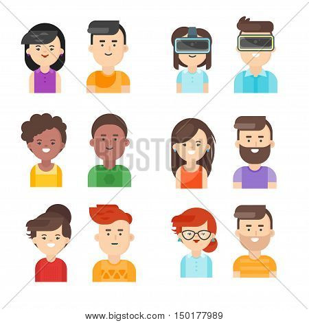 Vector flat style set of people icons. Men and women faces. Isolated on white background.